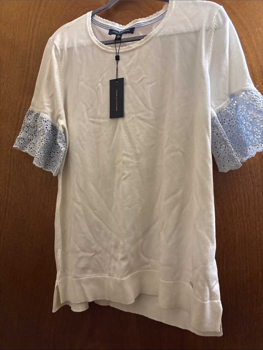 White Knit Top with Light Blue Lace Sleeves